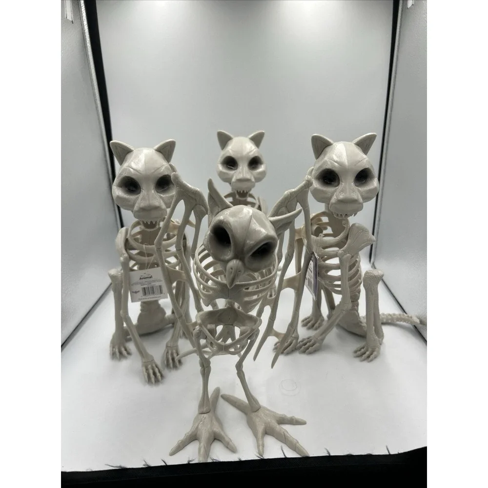 Set Of 4 Spooky Gothic Halloween Cat Owl Skeleton Decoration Creepy Plastic NWT